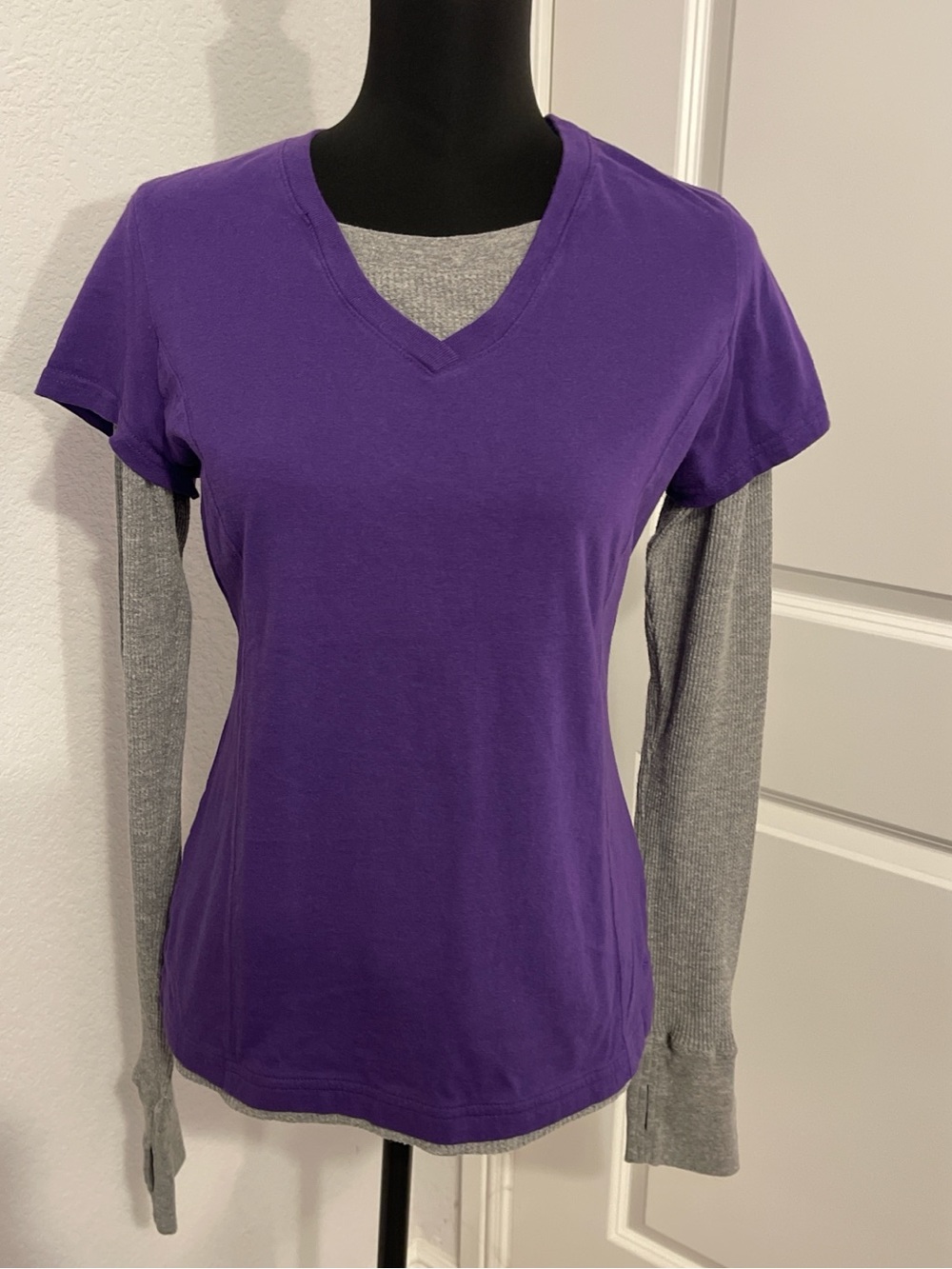 Danskin Purple V-Neck Short Sleeve Layered-Look Top